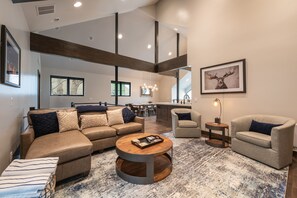 Beautiful modern walk to town | Living room | 55-inch flat-screen TV with cable channels, TV, fireplace - DV Loop Old Town Home by Luxury Mountain Destinations (Park City)