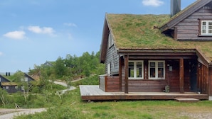 Eine Holzhütte mit Gründach, Veranda und einem sichtbaren Schornstein.