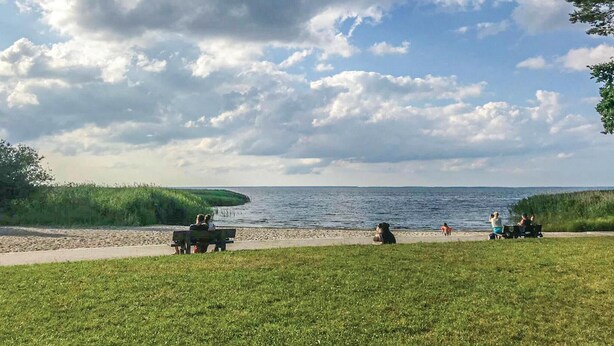 A lakeside park with a walking path, benches, and people enjoying the view. - 1 bedroom lovely home in Ueckermuende (Ueckermuende)