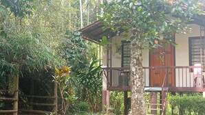 A two-story house with a balcony, surrounded by dense vegetation.