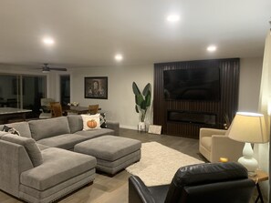 Smart TV, fireplace, stereo, printers