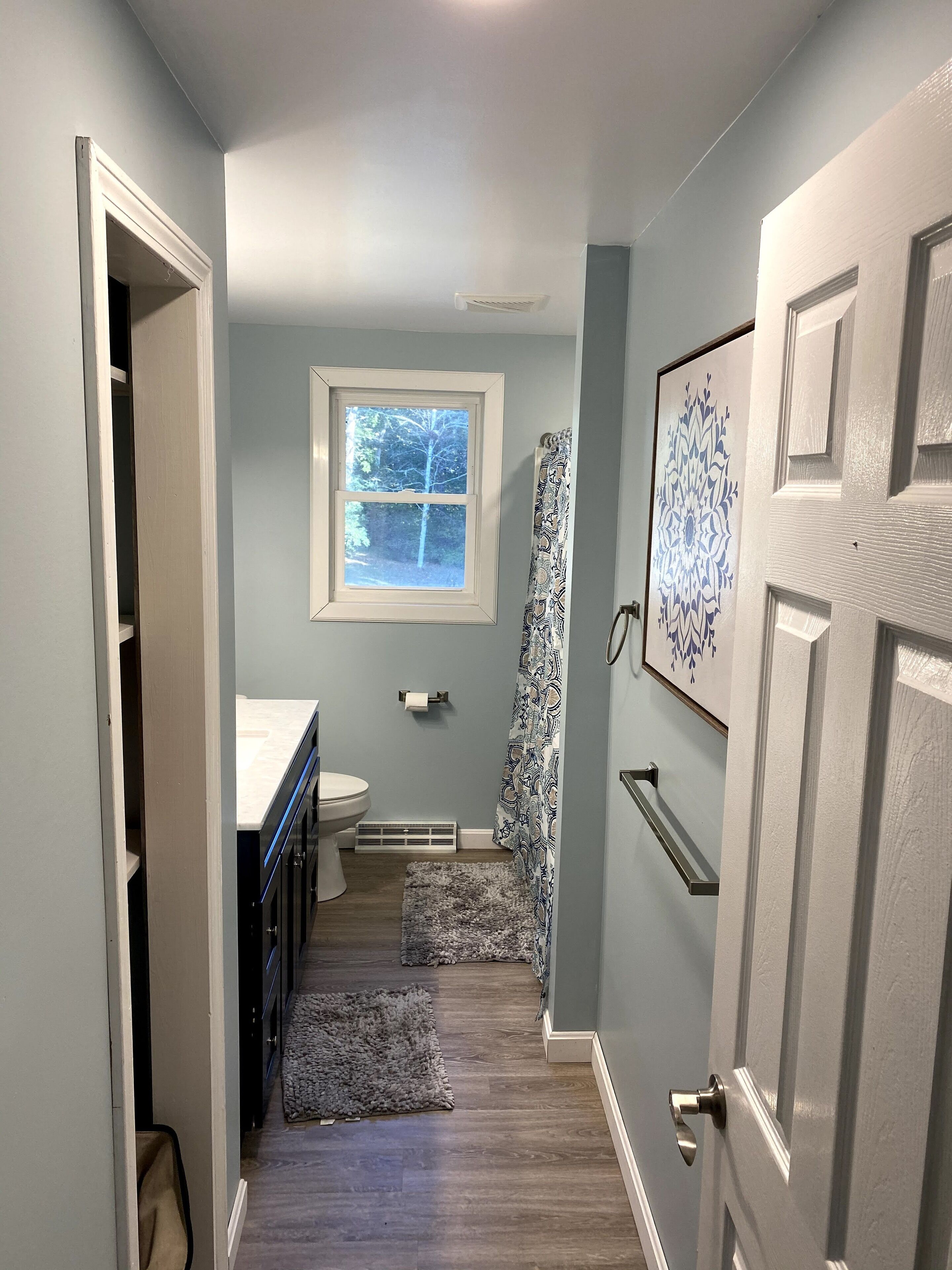A narrow hallway with a window, a toilet, and a shower area.