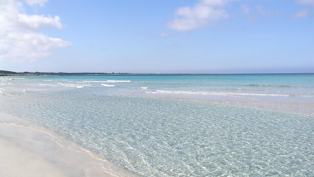 Ein Strand mit klarem, flachem Wasser und einer entfernten K üstenlinie.