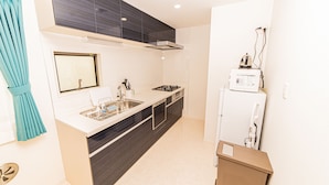 A compact kitchen with a sink, stove, and a small refrigerator. - Sumida family hotel in Tokyo (Tokyo)