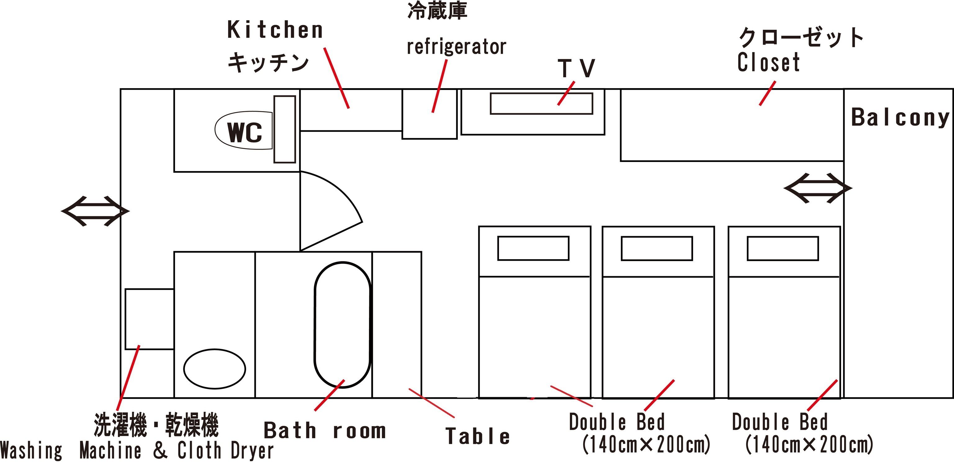 A floor plan with a kitchen, WC, washing machine, table, two double beds, balcony, and TV.