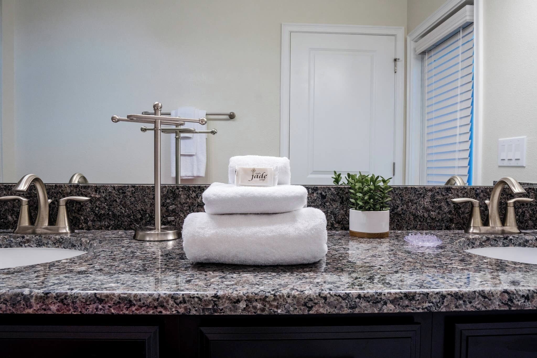 A bathroom with a granite countertop, two sinks, a towel rack, and a potted plant.