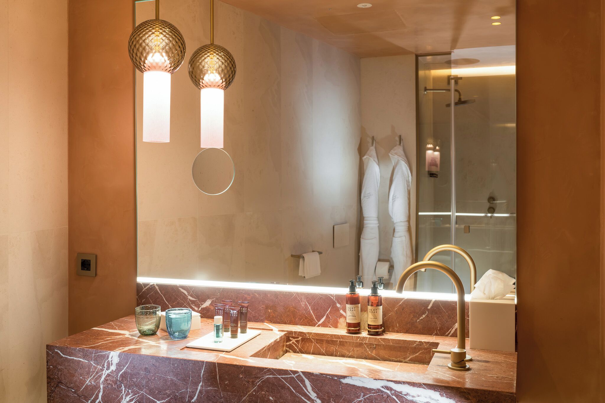 free toiletries, hair dryer, bathrobes, slippers