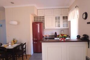 Fridge, microwave, oven, electric kettle
