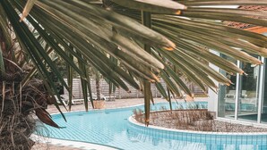 Une piscine au design incurvé, avec des bordures en pierre et en carrelage, et un palmier qui la surplombe.
