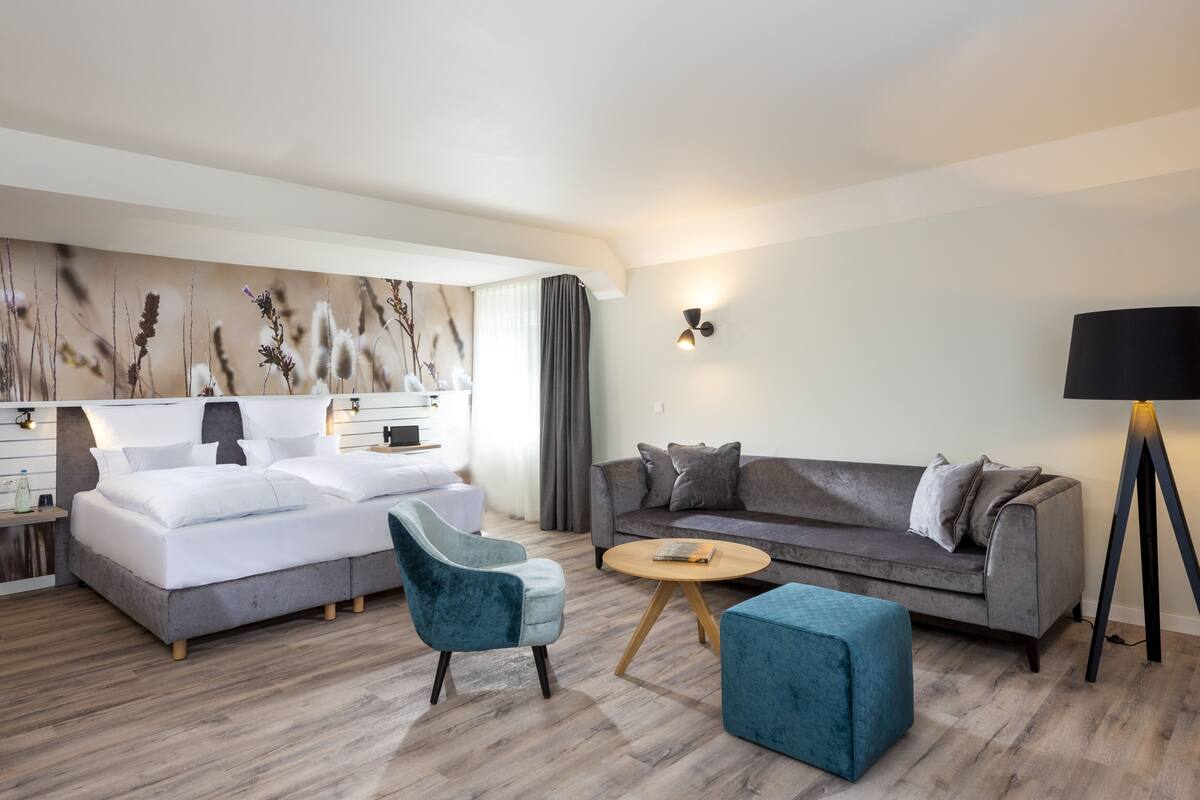 deluxe room, 1 king bed with sofa bed, non smoking, air conditioning | living area | 49-inch led tv with satellite channels, tv