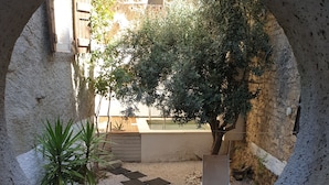 A circular view of a courtyard with a stone wall, a tree, and a small garden area with stepping stones. - La Félicita - Charming gîte near Narbonne (Moussan)