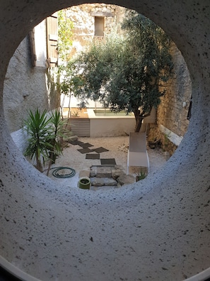 A circular view of a courtyard with a stone wall, a tree, and a small garden area with stepping stones.