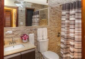 Secadora de cabello, toallas, jabón, shampoo 