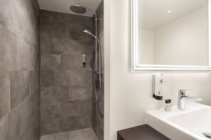 Shower, rainfall showerhead, hair dryer, slippers