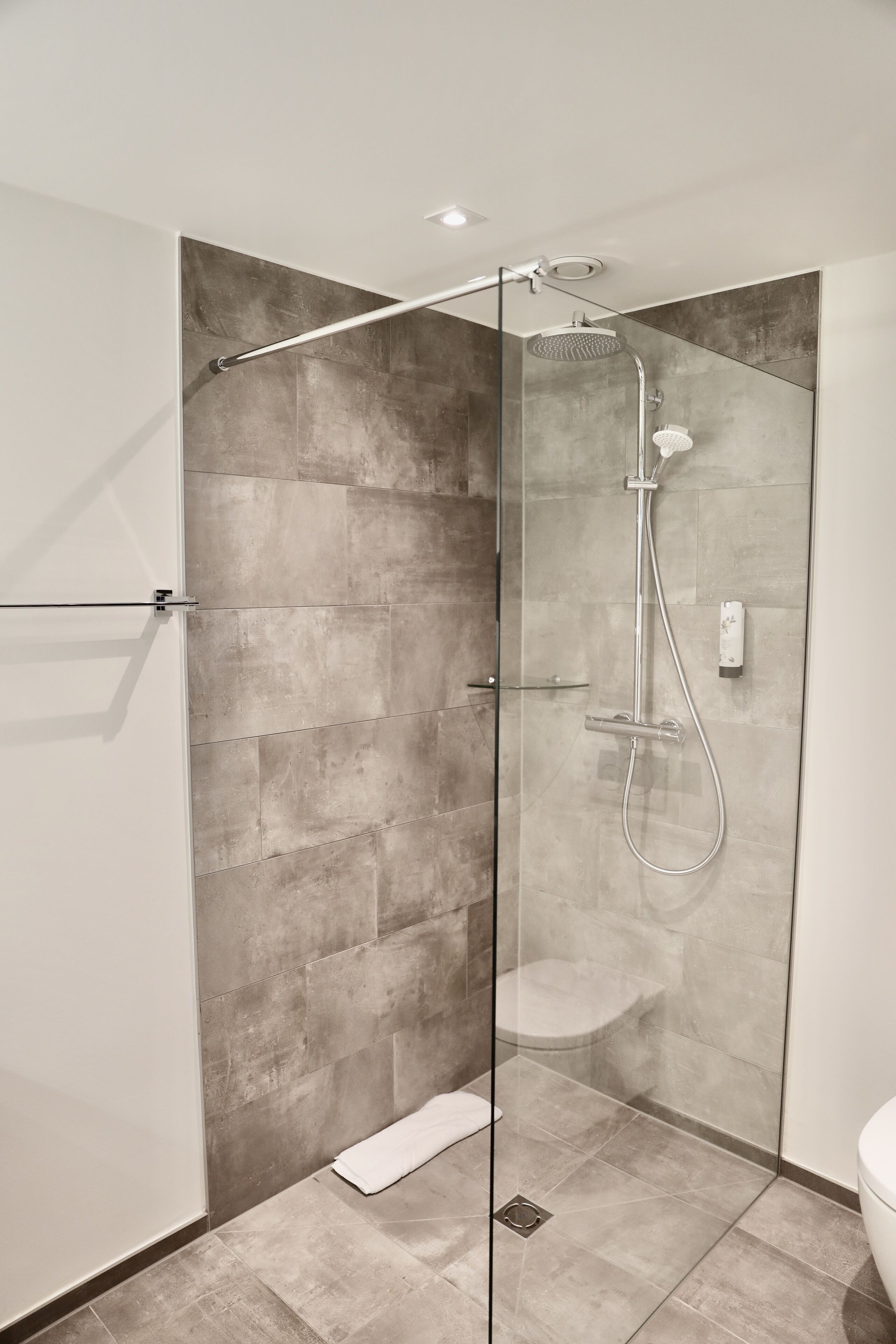 shower, rainfall showerhead, hair dryer, slippers