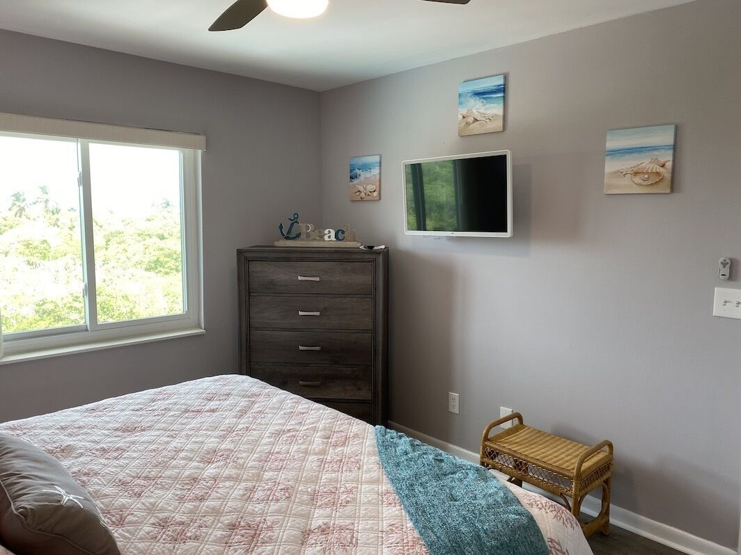 A bedroom with a bed, dresser, TV, and artwork on the wall.