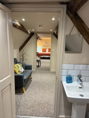 Un couloir étroit mène à une chambre qui comprend un lit, un canapé et une salle de bain avec un lavabo.