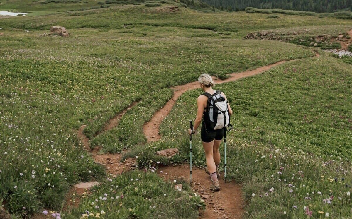 A hiker on a dirt trail in a grassy field with wildflowers.