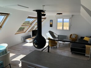 Télévision, cheminée, livres
