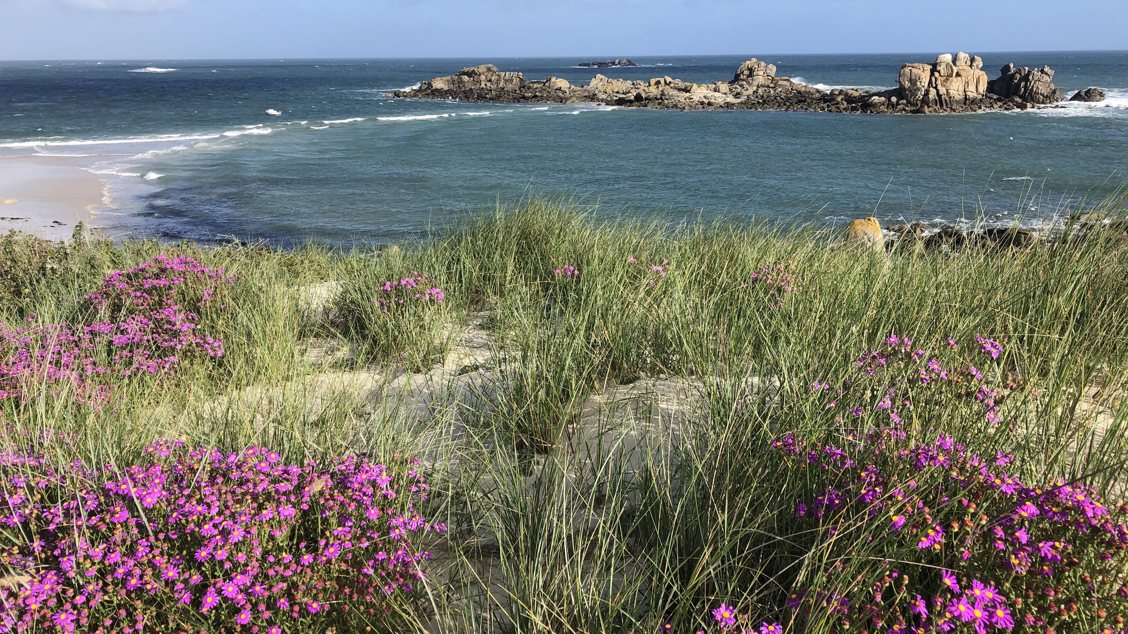 Ett kustlandskap med klippiga utskjutande partier och en strand.