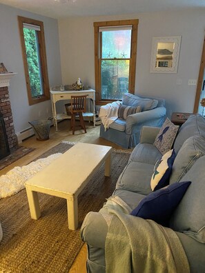 Smart TV, fireplace, books, printers