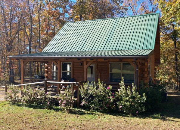 A rustic cabin with a green metal roof, wooden porch, and a small garden with pink flowers.
