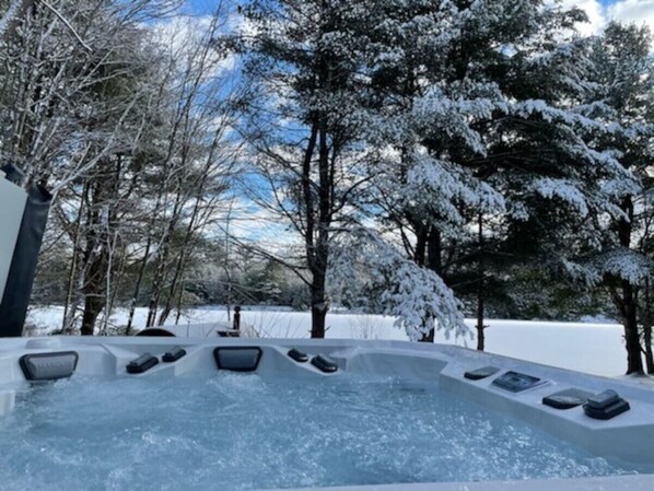 Relax in a serene hot tub surrounded by snow-covered trees.