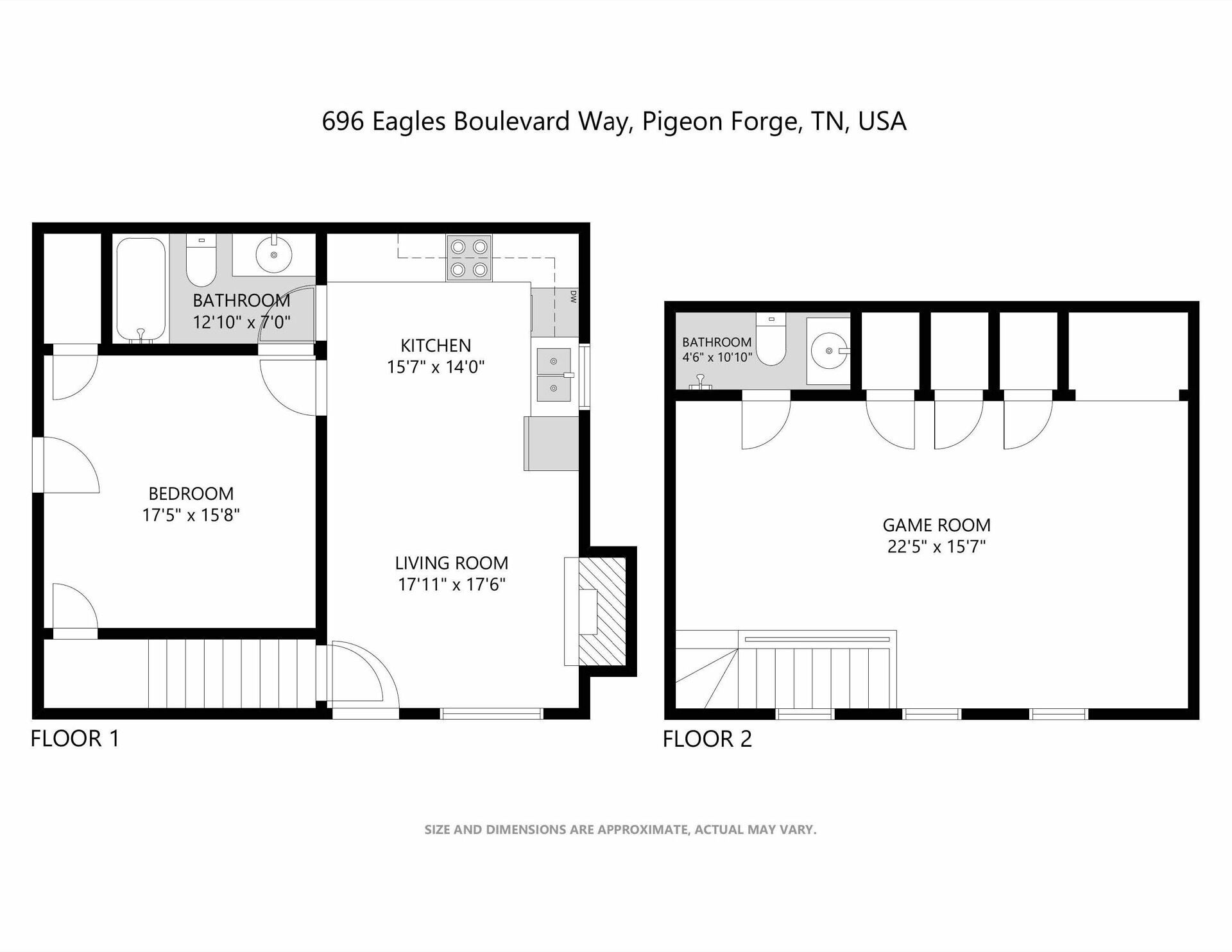Plan d’étage d’un appartement à deux niveaux situé au 696, Eagles Boulevard Way, Pigeon Forge, Tennessee, États-Unis. Le premier niveau comprend une chambre, un salon, une cuisine et deux salles de bain. Le deuxième niveau comprend une salle de jeux et une plus petite salle de bain.