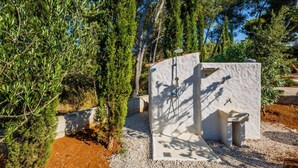Une structure en béton dotée d’un robinet et d’un petit lavabo, entourée d’arbres et de gravier.