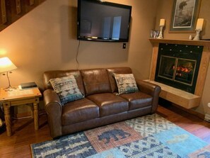 Smart TV, fireplace, DVD player, books