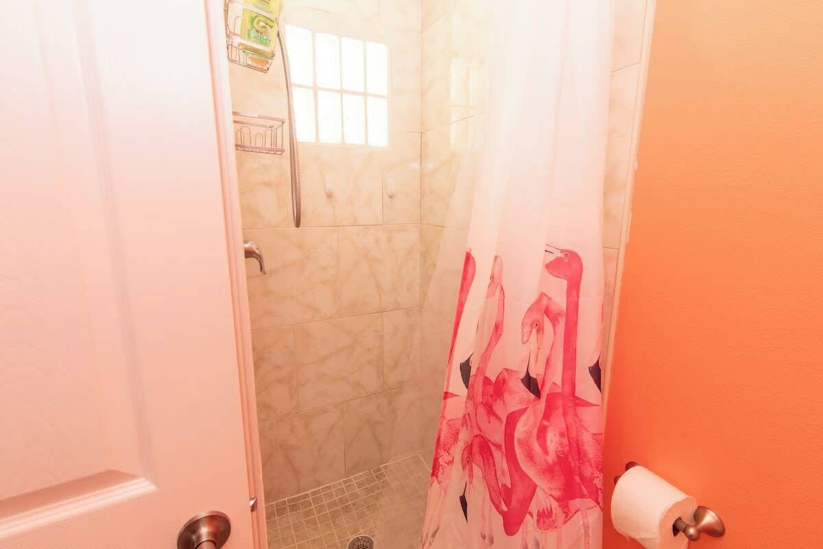 A bathroom with a shower, a toilet, and a window.