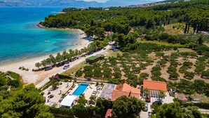 Vista aérea de una propiedad costera con piscina, acceso a la playa y zona boscosa circundante.