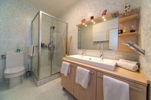 Shower, hair dryer, towels