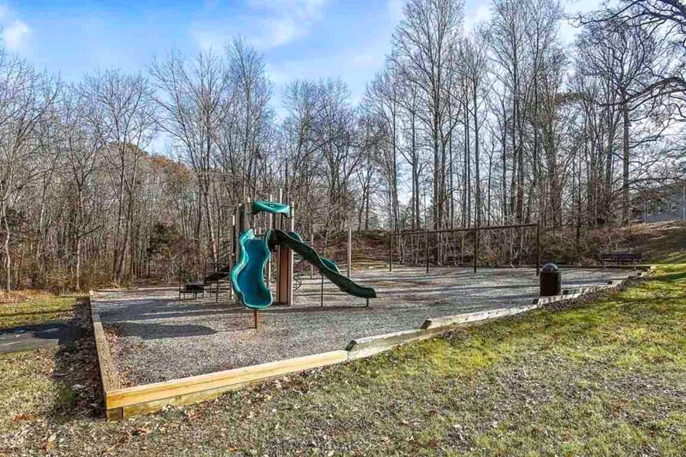 A playground with a slide and climbing structure, surrounded by trees and a clear sky.