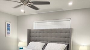 A bedroom with a bed, two bedside tables, a ceiling fan, and a window with blinds.