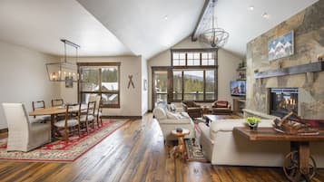 Smart TV, fireplace, music library, video library