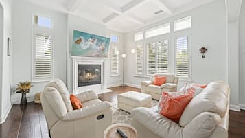 Smart TV, fireplace, video games, DVD player