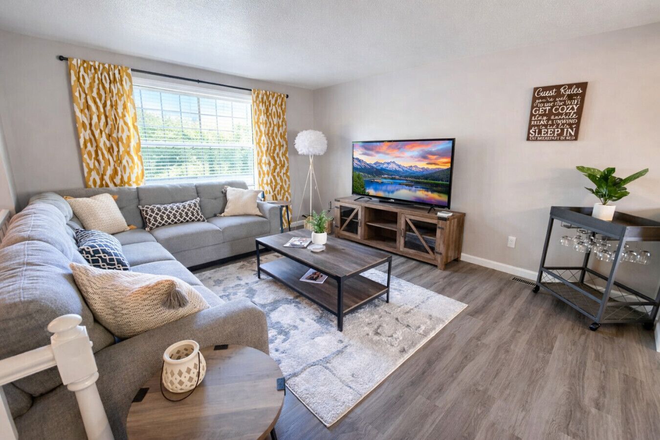 Smart TV, fireplace, books