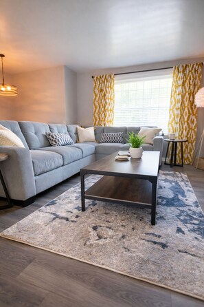 Smart TV, fireplace, books