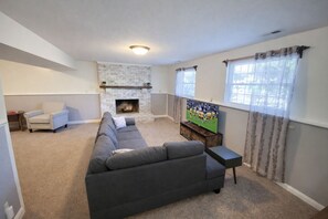 Smart TV, fireplace, books