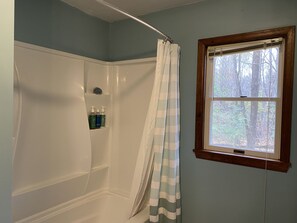Combined shower/tub, hair dryer, towels, soap