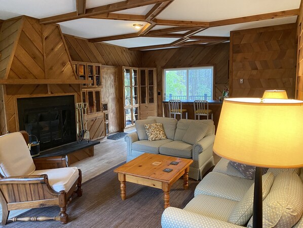 Smart TV, fireplace, books