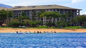 Ein Strandhotel mit Swimmingpool, Palmen und Strand.