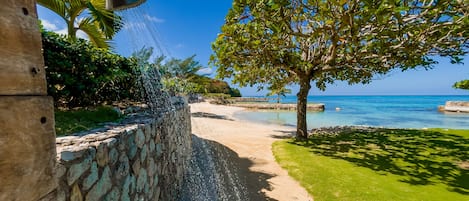 On the beach, sun-loungers, beach towels