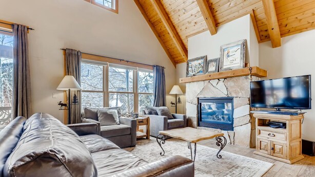 Una sala de estar acogedora con chimenea, televisor y pared de piedra.