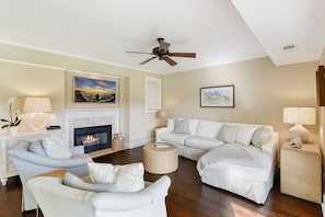 Flat-screen TV, fireplace