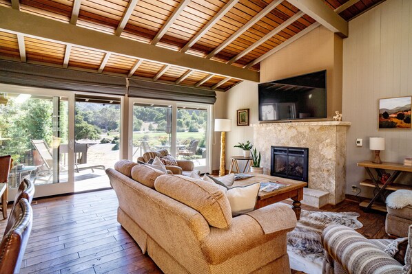 TV connectée, cheminée, livres