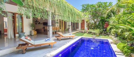 Piscine extérieure, parasols de plage, chaises longues