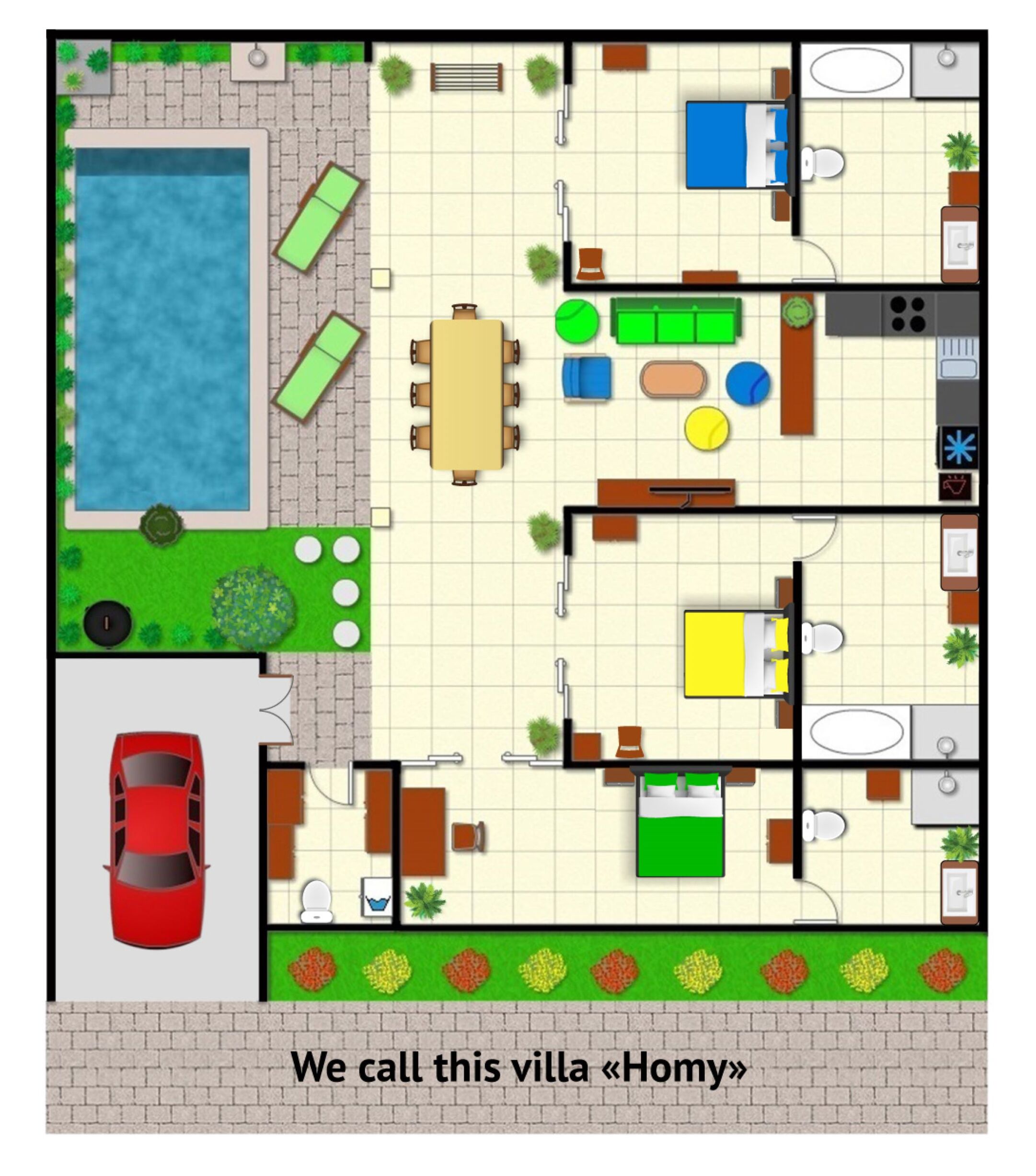 Une villa appelée « Homy », dotée d’une piscine, de deux chambres, d’une cuisine, d’un coin repas et d’une place de parking.