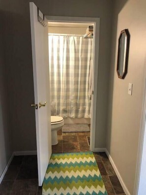 Combined shower/bathtub, hair dryer, towels